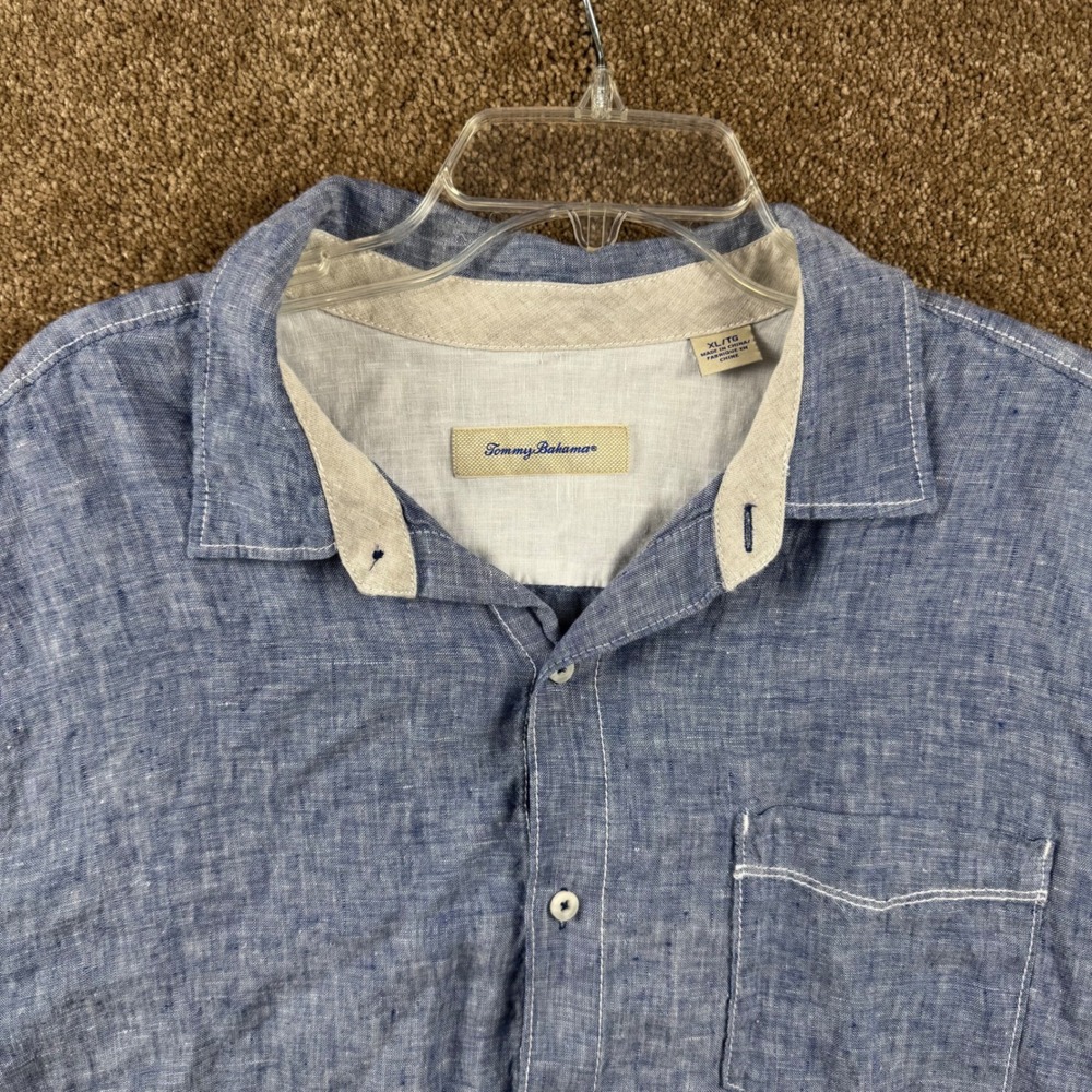 Tommy Bahama Mens XL Blue 100% Linen Short Sleeve Button‎ Down Shirt Marlin